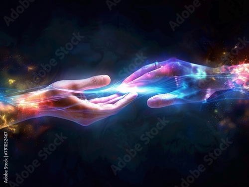 Digital hands interacting with beams of light, symbolizing connectivity and the seamless interface of technology