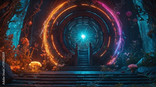 A vibrant, otherworldly portal filled with fantastical creatures and glowing energy.