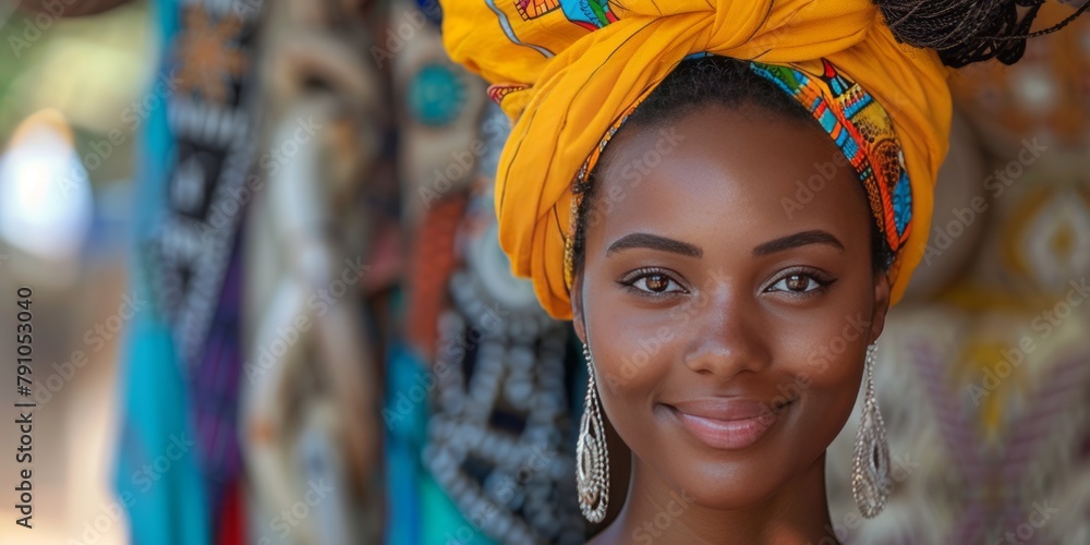 Portrait with black woman from Zanzibar in colorful patterned outfit and turban on her head