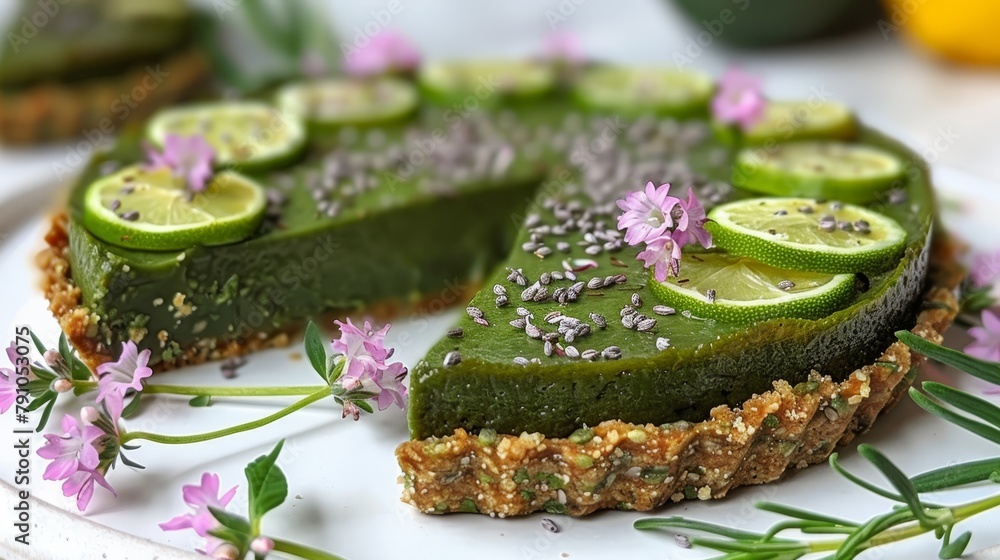 A tight shot of a plate laden with food, featuring a sliver of pie Surrounding the pie are fragrant flowers and aromatic herbs A tight shot of a plate laden with food, featuring a sliver of pie Surrounding the pie are fragrant flowers and aromatic herbs