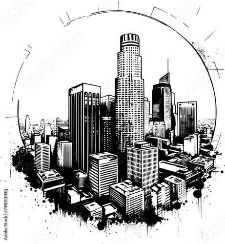 Artistic Black and White Drawing of Downtown Los Angeles, Emblematic Style