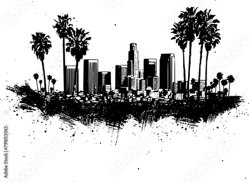 2D Drawing of Los Angeles Skyline on White Background, Classic Illustration