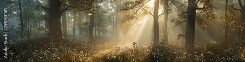 Misty forest at sunrise, tranquil sunrays illuminate the peaceful woodland, a serene natural escape photo