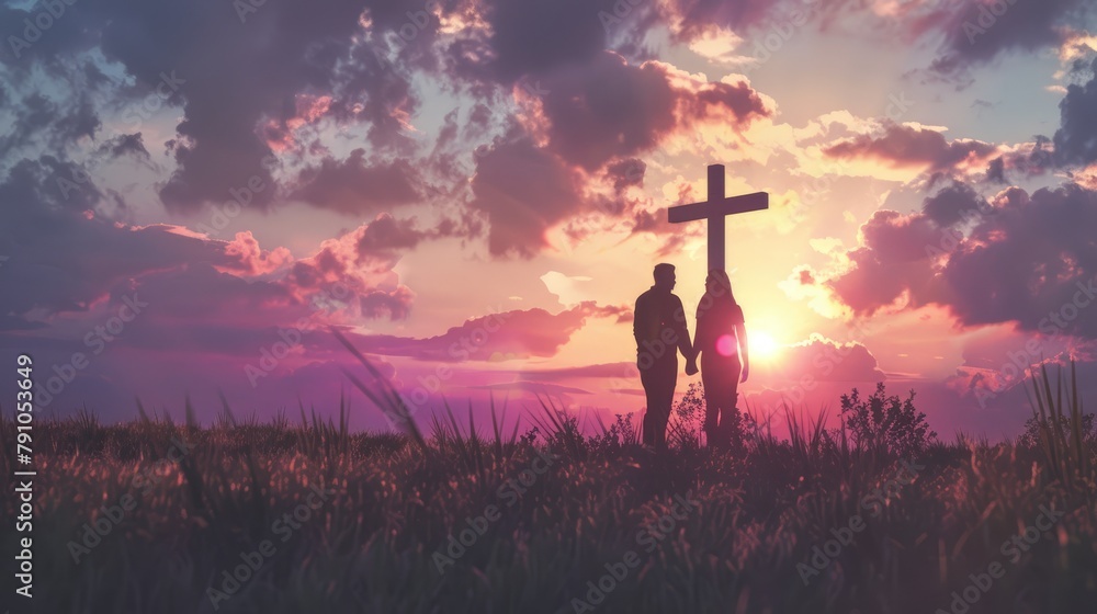 Silhouette of a couple walking hand in hand towards a cross at sunset, a scene imbued with faith, unity, and hope - AI generated. Silhouette of a couple walking hand in hand towards a cross at sunset, a scene imbued with faith, unity, and hope - AI generated.
