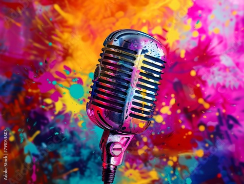 Retro microphone surrounded by a burst of vivid colors, capturing the lively essence of vintage music scenes