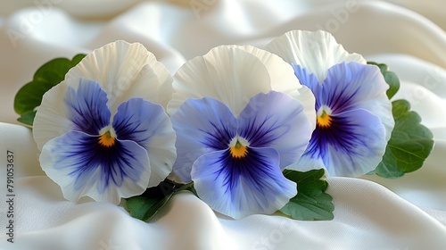   Three pansies  two-thirds blue and one-third white  bloom against a pristine white satin backdrop Green leaves nestle at the base of their pet