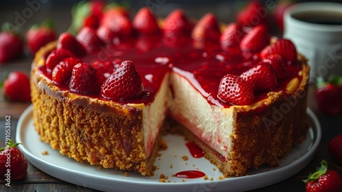   A tight shot of a cake slice on a plate, with a missing piece revealing its inside, and strawberries adorning the periphery photo