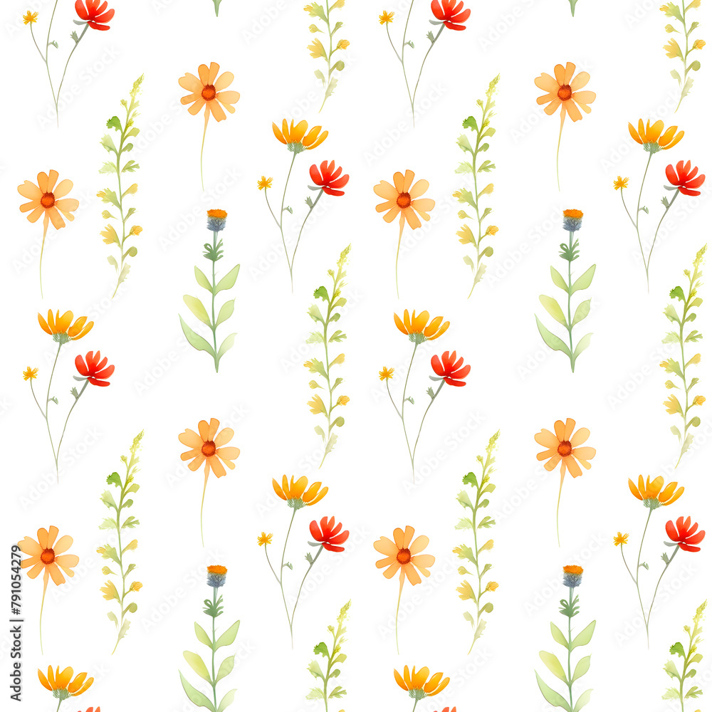 Seamless pattern with wildflowers. Minimalism floral pattern, isolated on a white background. Summer background, for printing on fabric, banner.