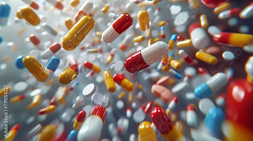 Assorted capsules and pills in motion