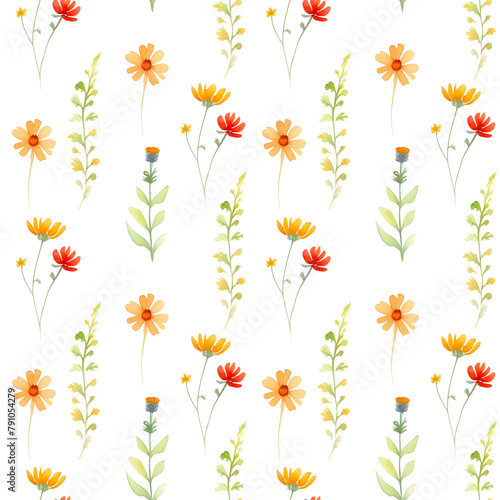 Seamless pattern with wildflowers. Minimalism floral pattern, isolated on a white background. Summer background, for printing on fabric, banner. © alexandra nova