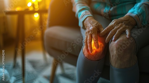 Senior woman at home grappling with knee pain, a vivid depiction of arthritis struggle in a warm domestic setting - AI generated photo