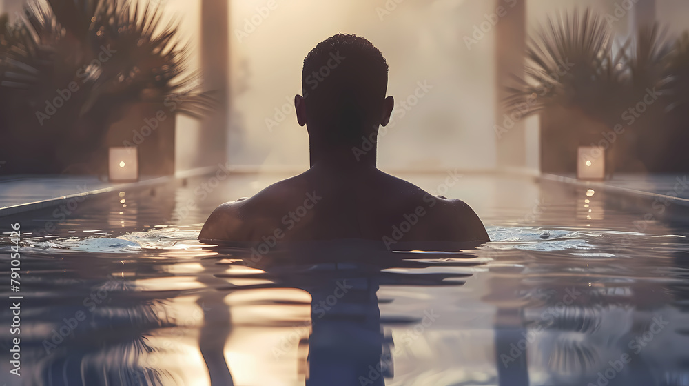 A serene image capturing a male figure standing in a body of water with a striking sunset in the background rendering warm hues A serene image capturing a male figure standing in a body of water with a striking sunset in the background rendering warm hues