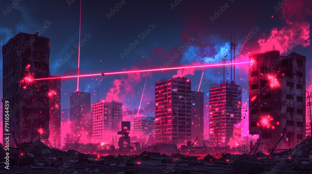 Futuristic cityscape under pink laser bombardment
