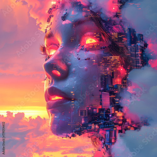 Digital portrait of woman with cityscape double exposure