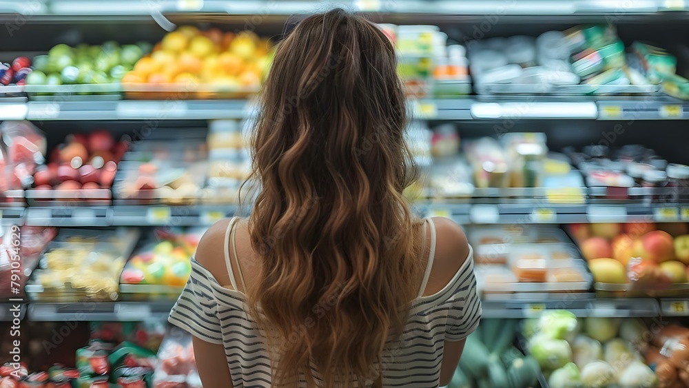 Woman making informed decisions by comparing grocery products for value and nutrition. Concept Grocery Shopping, Informed Decisions, Product Comparison, Value, Nutrition