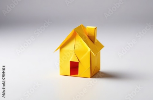 One yellow origami paper house on white background. concept of moving, housewarming, buying home, rent, sale, real estate,