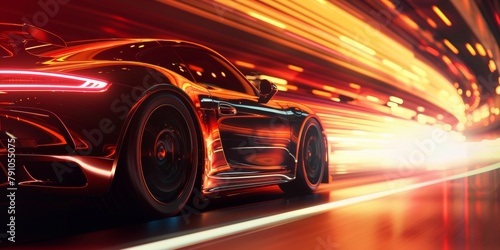 Sports car in motion with vibrant red and yellow light trails on a night road
