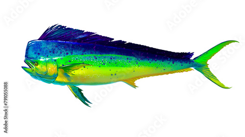 Mahi mahi Old or dolphin fish isolated on white. Realistic illustration of mahi mahi or dolphin fish isolated on white background. Side view.	
