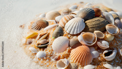 Sea shells in sand pile isolated