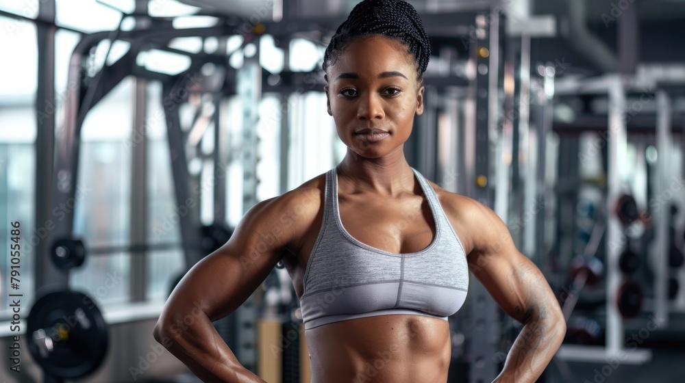 Fototapeta premium Fit female athlete showing toned abs and confidence in a gym setting, representing a dedication to fitness and health - AI generated