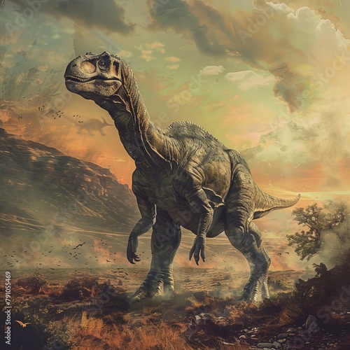 a dinosaur walking in a landscape