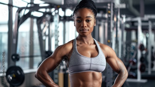 Fit female athlete showing toned abs and confidence in a gym setting, representing a dedication to fitness and health - AI generated