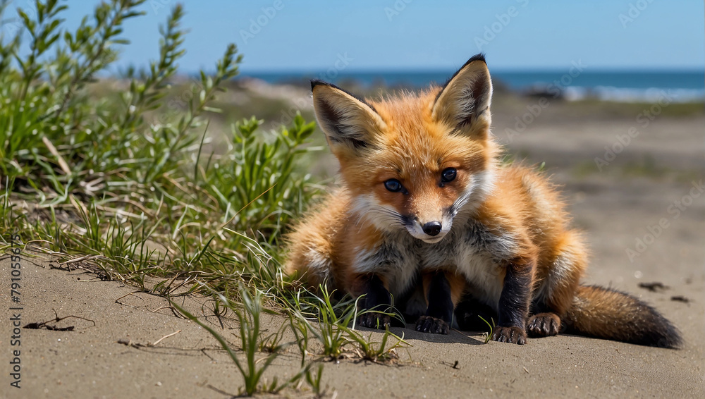 Two red fox kits sitting close together on sand
Two red fox kits sitting close together on sand
