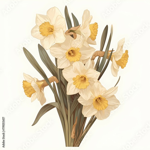 Vintage Botanical daffodils Drawing, Cream Palette, Antique Horticultural Illustration
