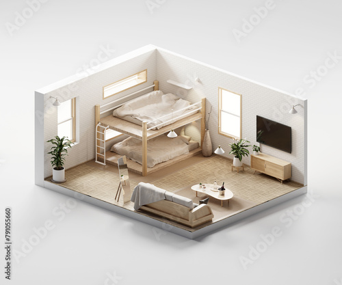 Isometric view bed room open inside interior architecture 3d rendering digital art	
