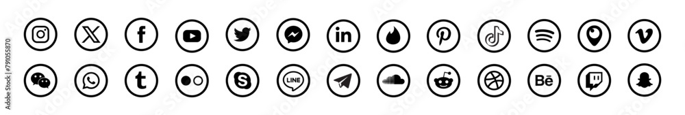 Round social media icons or social network logos flat vector icon set ...