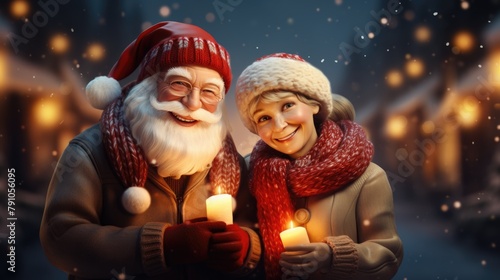 Enchanting Christmas Portrait of Smiling Santa Claus and Joyful Child With Candles