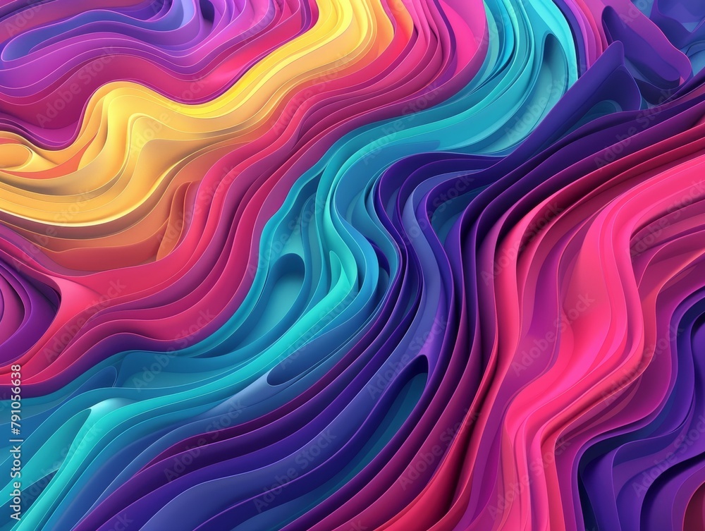 Modern wave illustration with a 3D effect, showcasing layered swirls in neon colors for a psychedelic visual adventure