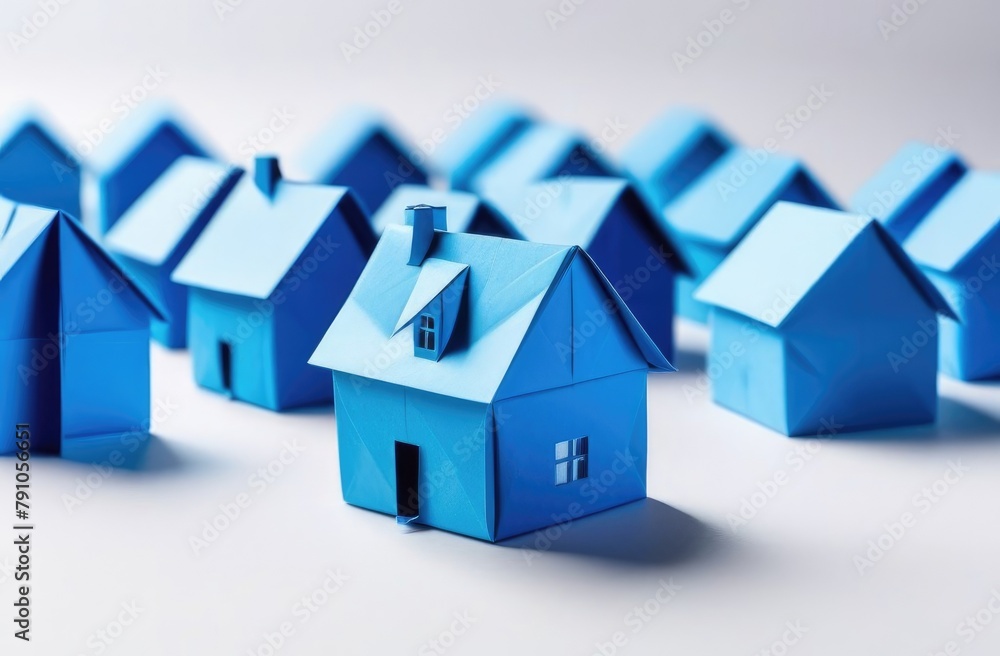 Many blue houses on white background. A miniature made of paper. concept of moving, housewarming, buying home.