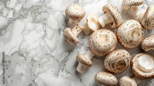 Mushrooms lie on the white marble countertop