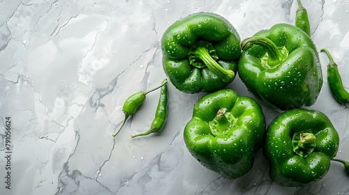 Green peppers lie on the white marble countertop