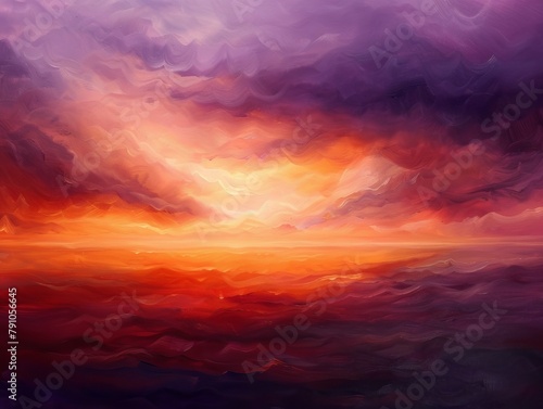Surrealistic skies painted in a palette of sunset oranges and deep purples, smooth gradients forming a backdrop of peace