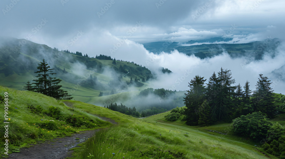 Green mountain landscape in the clouds