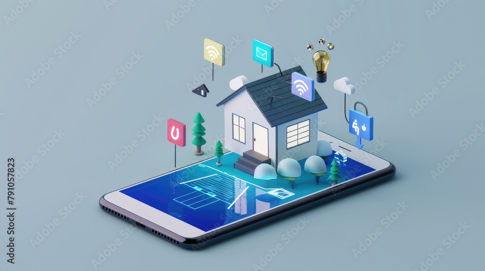Smart home concept with 3D house model and icons on smartphone ...