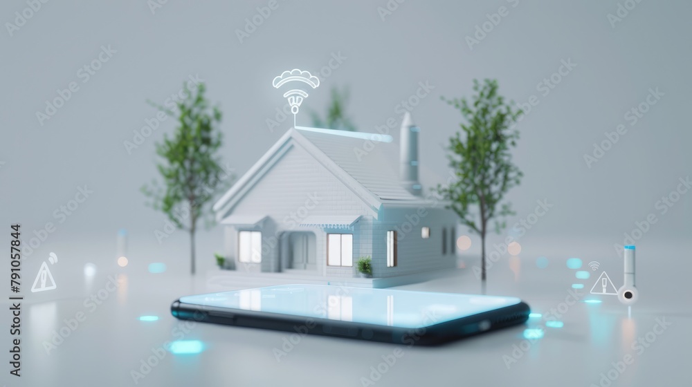 Smart home concept with 3D house model and icons on smartphone ...