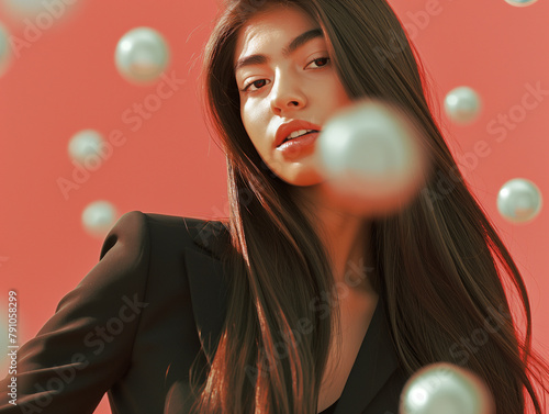 Pretty woman in suit, flying bullets
