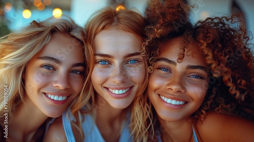 Group of happy interracial friends looking at camera enjoying together