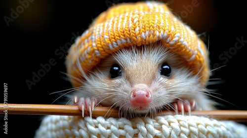  A small rodent holds a knitted orange-and-white hat in its paws and carries a wooden stick in its mouth