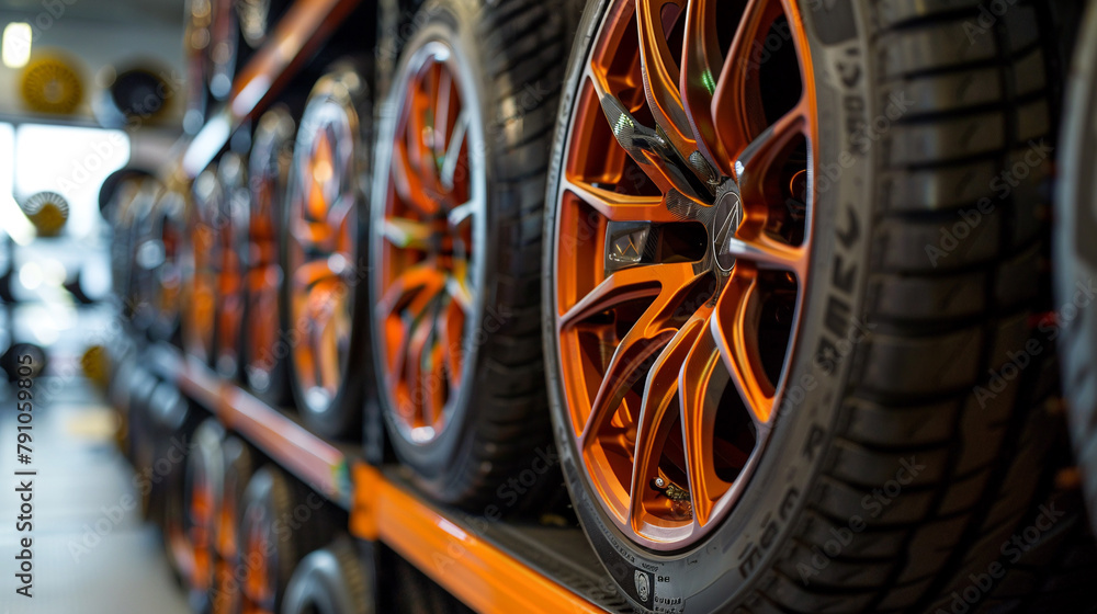 Warehouse Tire Storage background. New car tires assortment arranged on racks in a large warehouse. AI. Warehouse Tire Storage background. New car tires assortment arranged on racks in a large warehouse. AI.