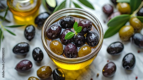  A jar overflowing with olives rests on a table, accompanied by additional olives and a sprig of verdant leaves