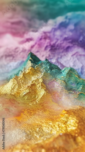 Surreal miniature screensaver, with mountain of gold with jade and clouds.
