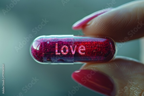 Tablet or pill with the inscription Love. Background with selective focus photo