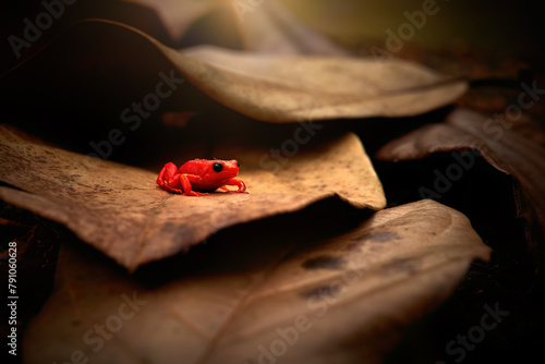 Nature's Gem: The Red Golden Mantella Frog Amidst Dry Leaves in Andasibe Forest, Madagascar