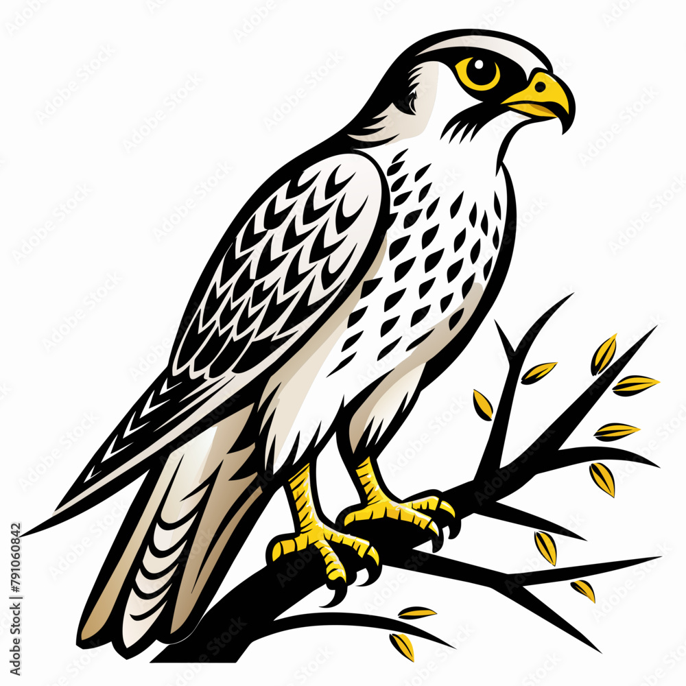Fototapeta premium Illustrate a vector outline of a falcon on the tree branch, against a white background
