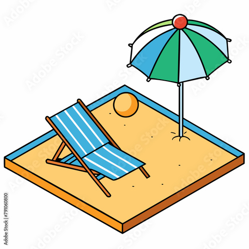 Axonometry of the beach, umbrella, sun lounger on white background