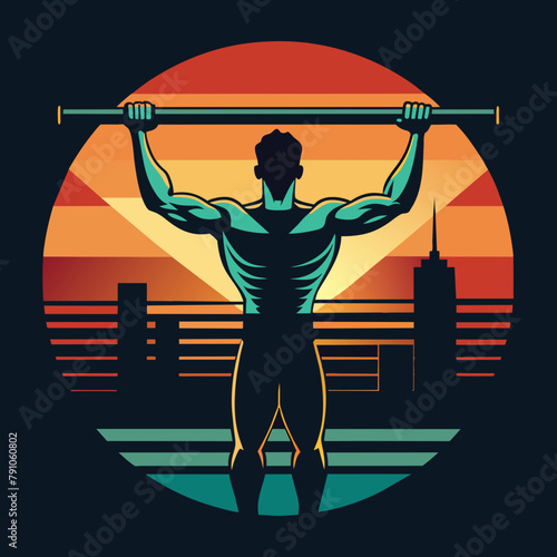Person doing pull-ups bar ,retro, t-shirt design vector illustration 